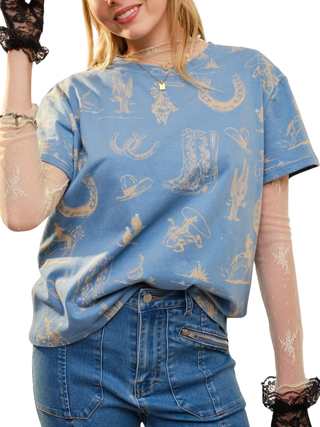 Women's Western Graphic Print Crew Neck Tee Drop Shoulder Casual Cowgirl Short Sleeve T-Shirt - Blue