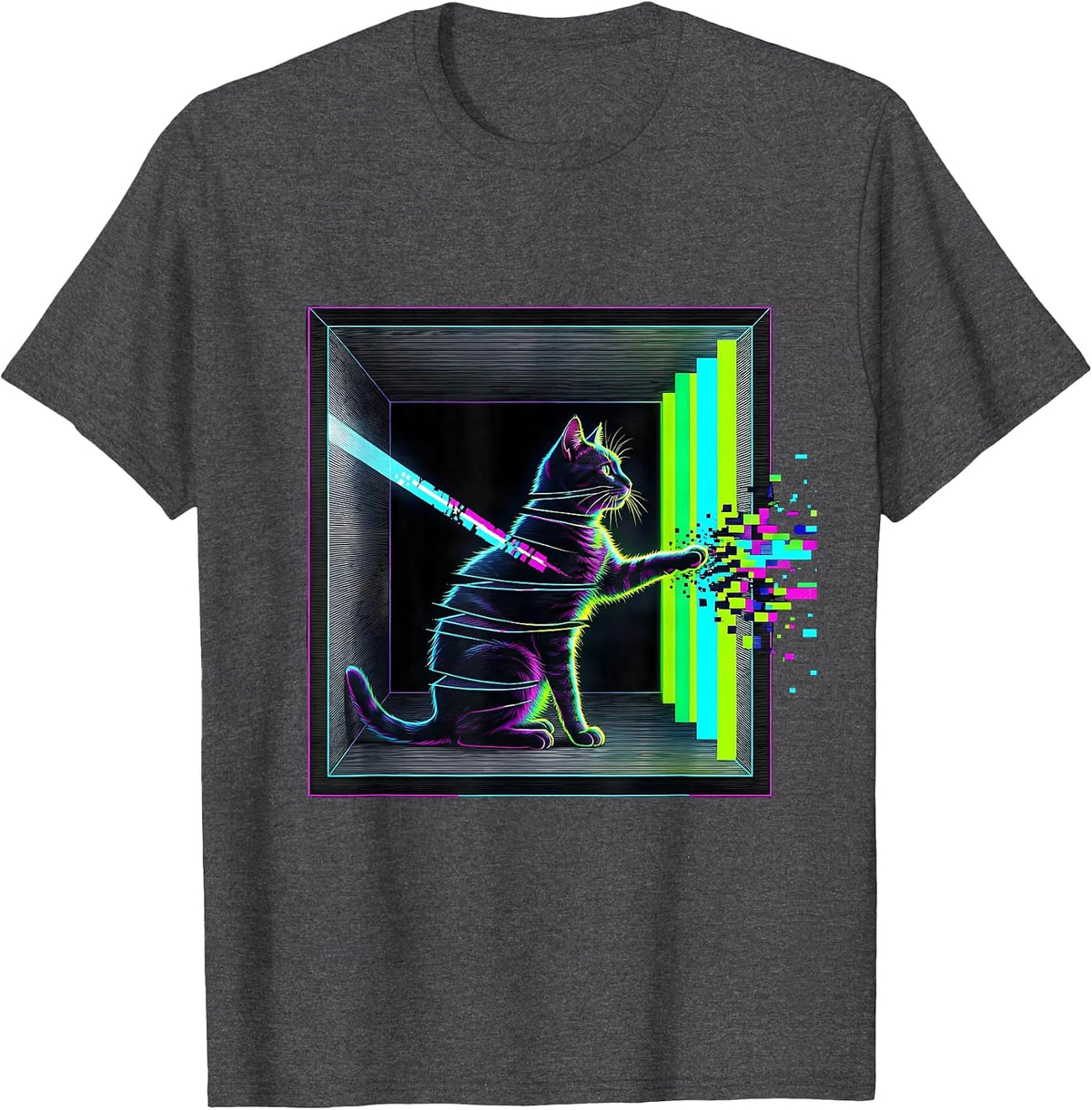 Men's Schrödinger Cat Glitch Humor Science Enthusiast T-Shirt - Dark Heather Grey