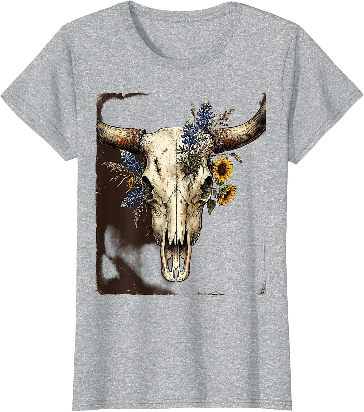 Longhorn Skull Wildflower Boho Western Graphic T-Shirt - Heather Grey