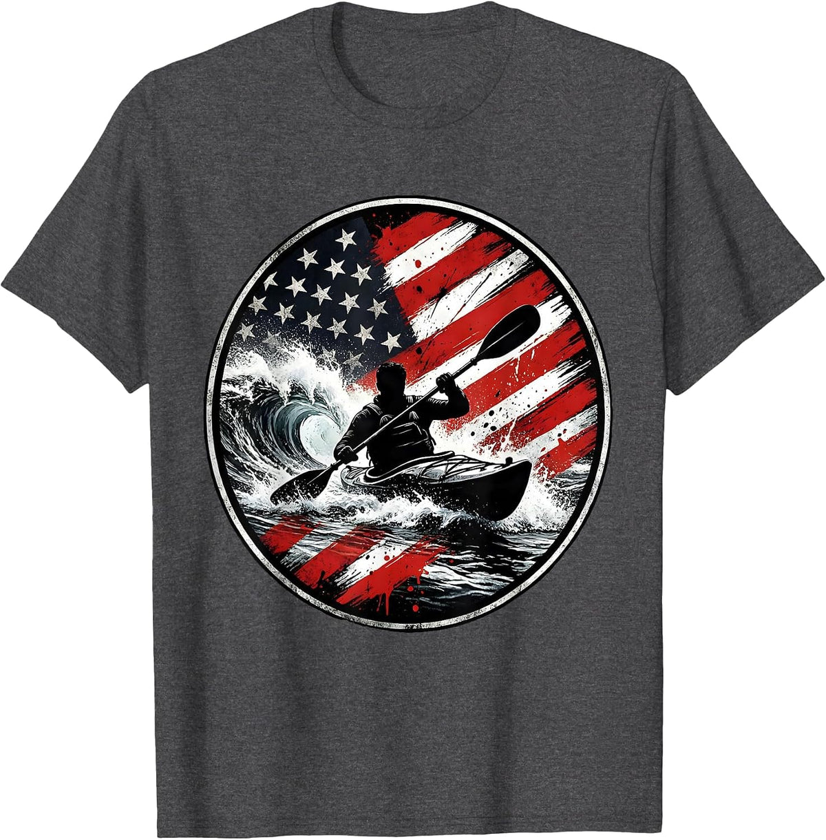 Whitewater Kayaker Paddling Rapids Graphic T-Shirt - Dark Heather Grey