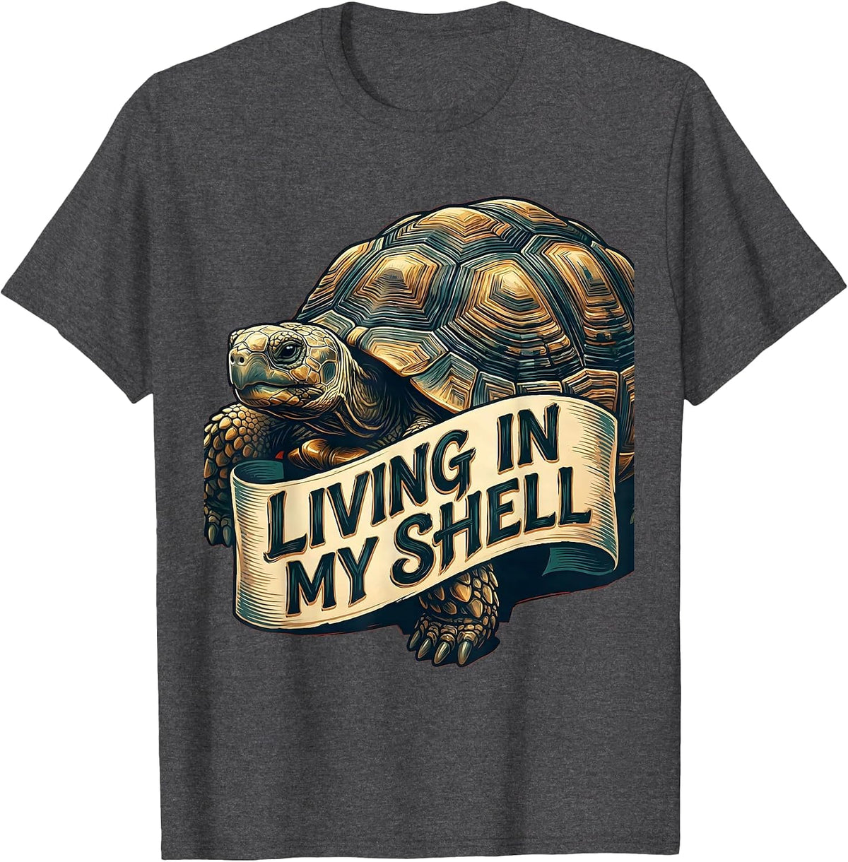 Men's Living In My Shell Turtle Graphic Design T-Shirt - Dark Heather Grey
