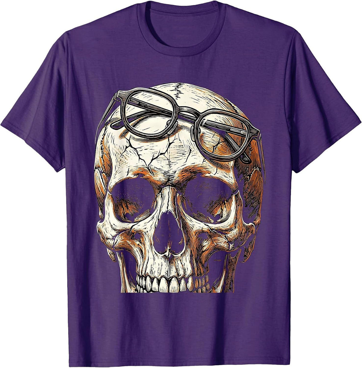 Elder Emo Skull With Reading Glasses Design T-Shirt - Purple