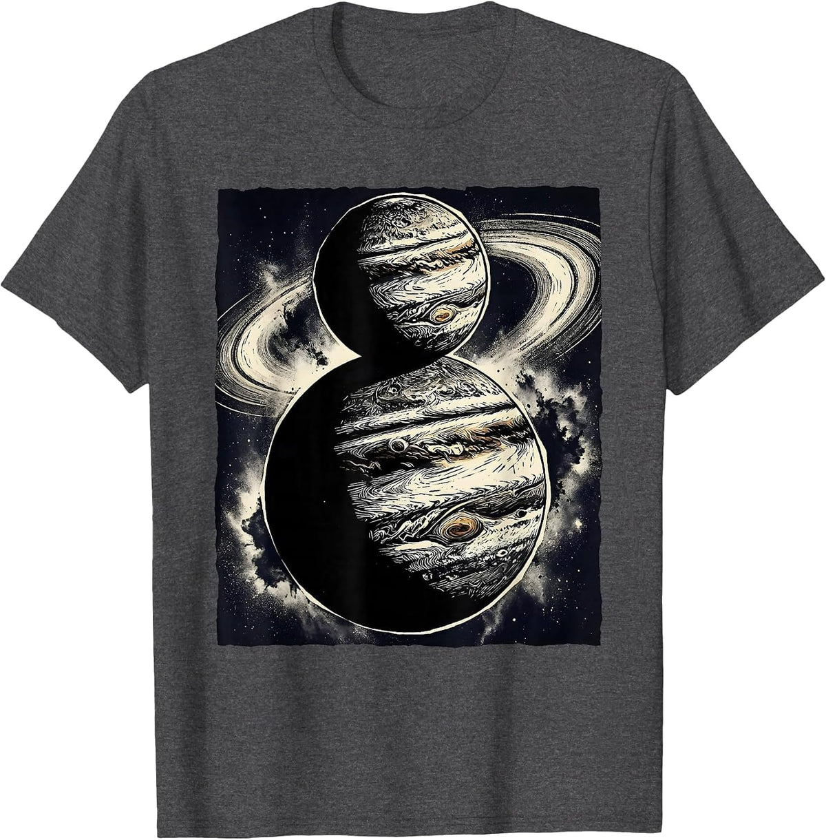 Men's Two Planets Nebula Space Illustration Kirk T-Shirt - Dark Heather Grey