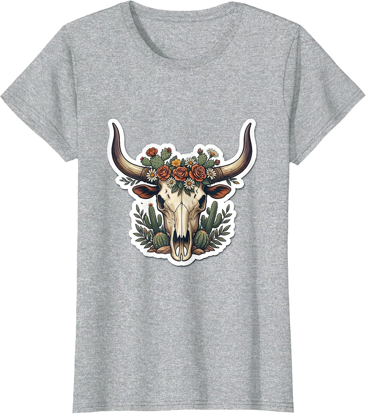 Longhorn Skull Desert Flowers Western Boho Design T-Shirt - Heather Grey