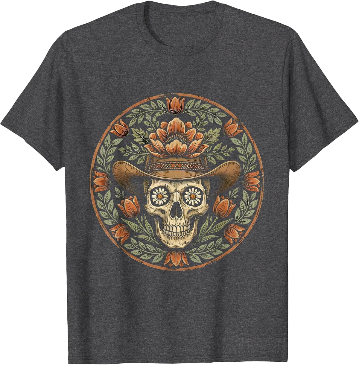 Denim Cowgirl Skull Floral Hat Western Design T-Shirt - Dark Heather Grey