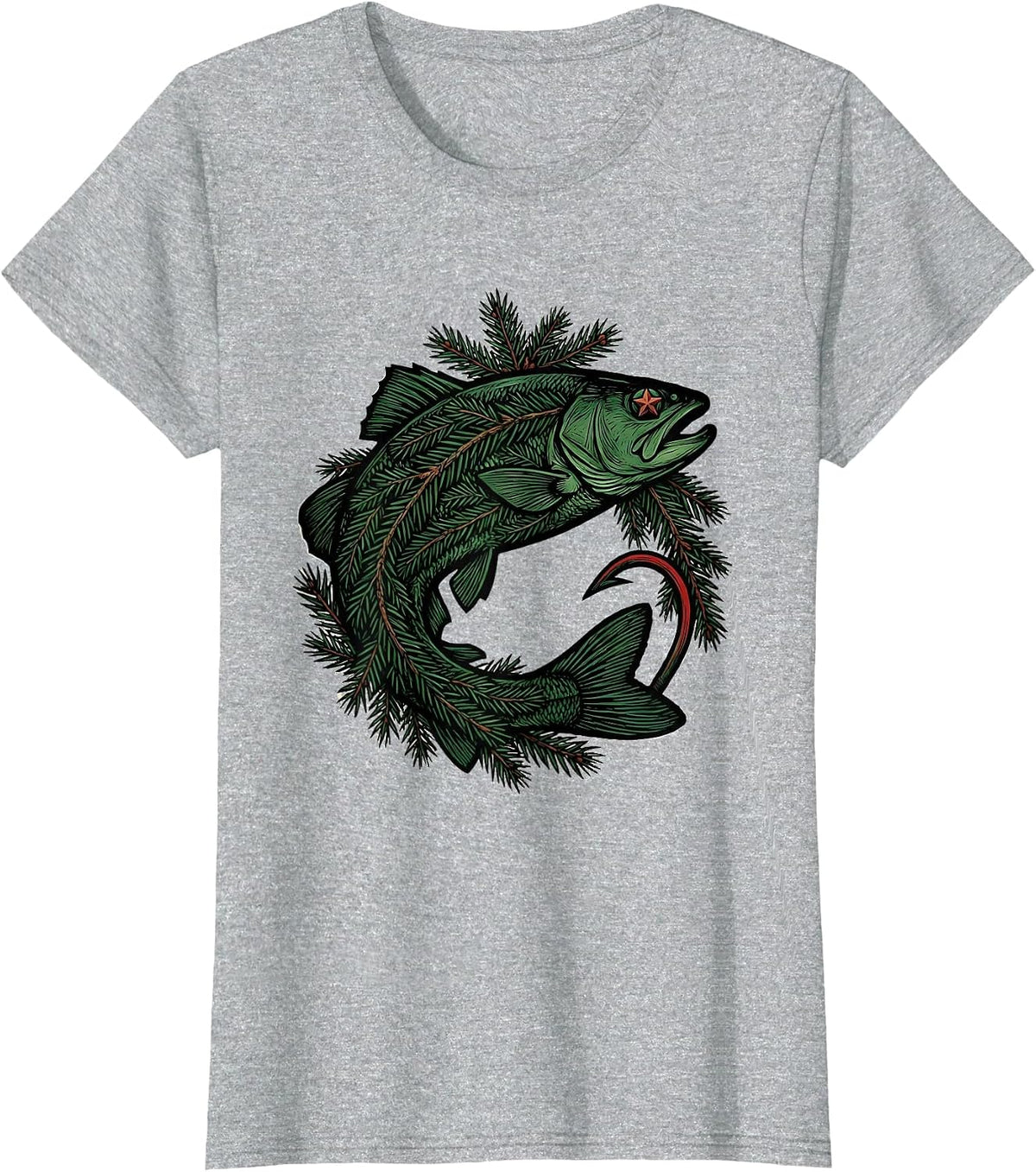 Trout Wreath Woodcut Engraving Funny Fisherman Christmas T-Shirt - Heather Grey
