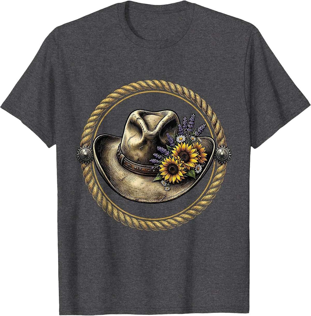 Cowboy Hat Wildflowers Western Bohemian Design T-Shirt - Dark Heather Grey