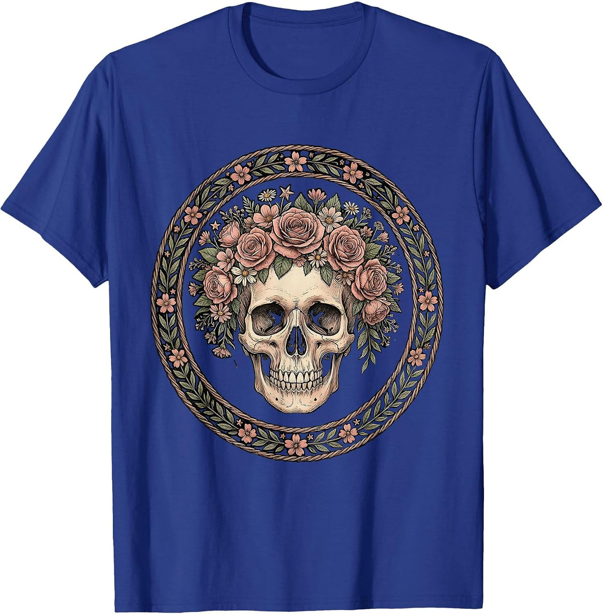 Patriotic Floral Skull Red White and Blue T-Shirt - Royal Blue