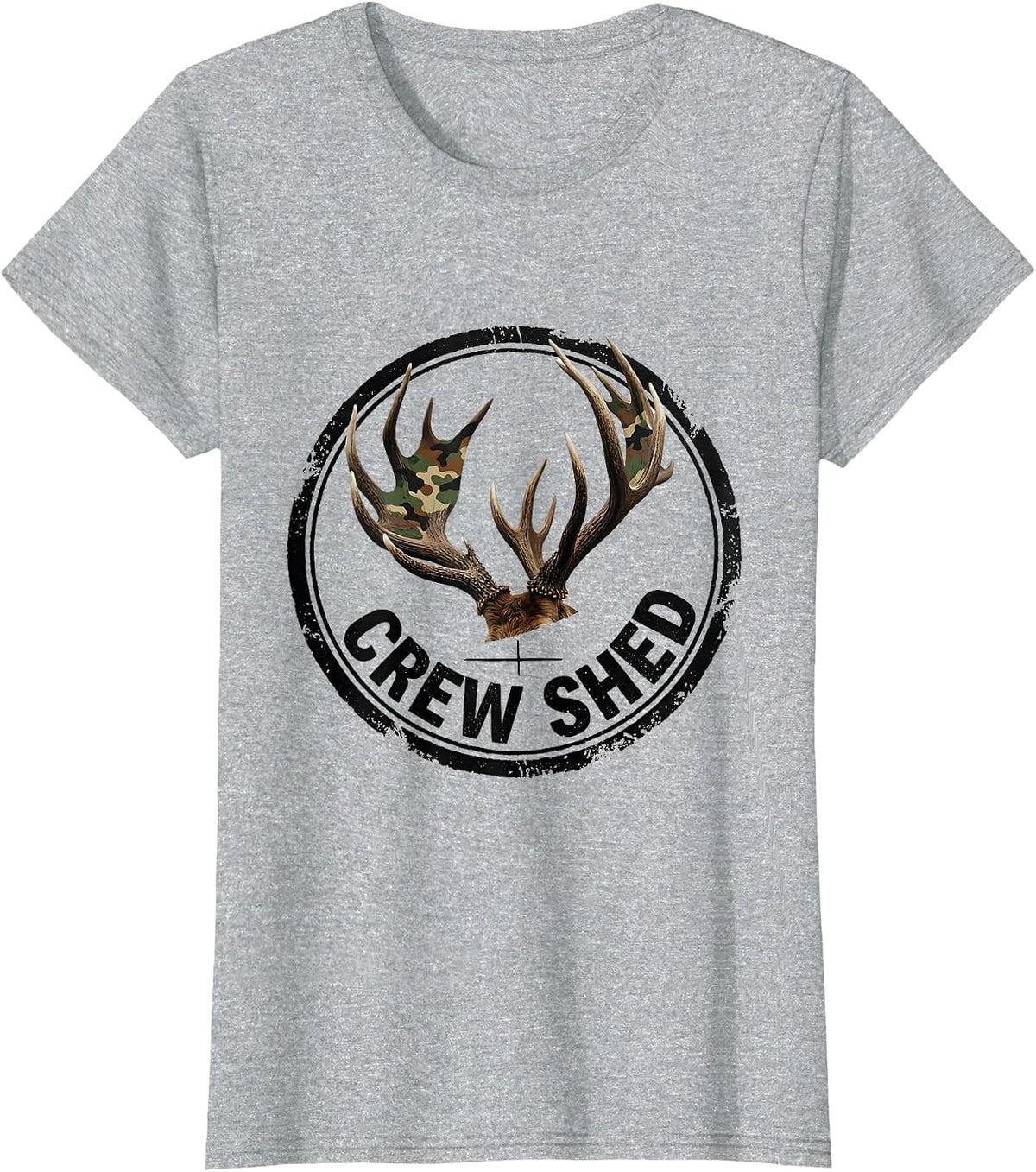 Women's Crew Shed Rubber Stamp Camo Deer Hunting Youth Humor T-Shirt - Heather Grey