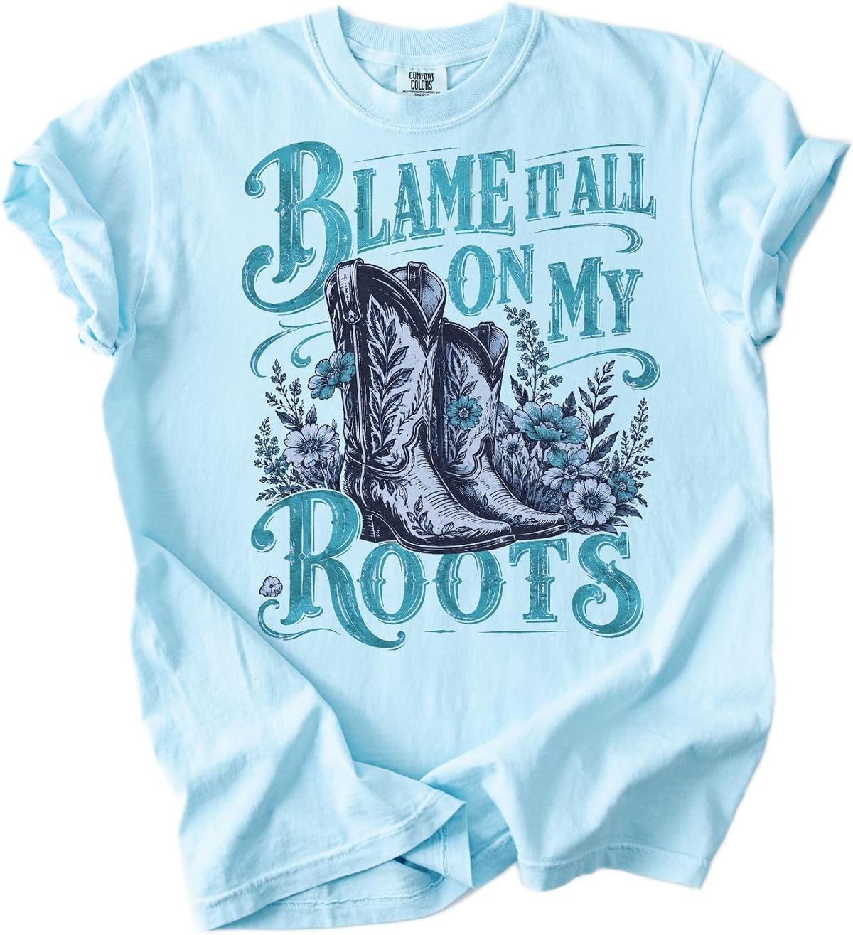 Western Roots Cowboy Boots Floral Graphic T-Shirt Vintage Country Style Tee for Women - Chambray