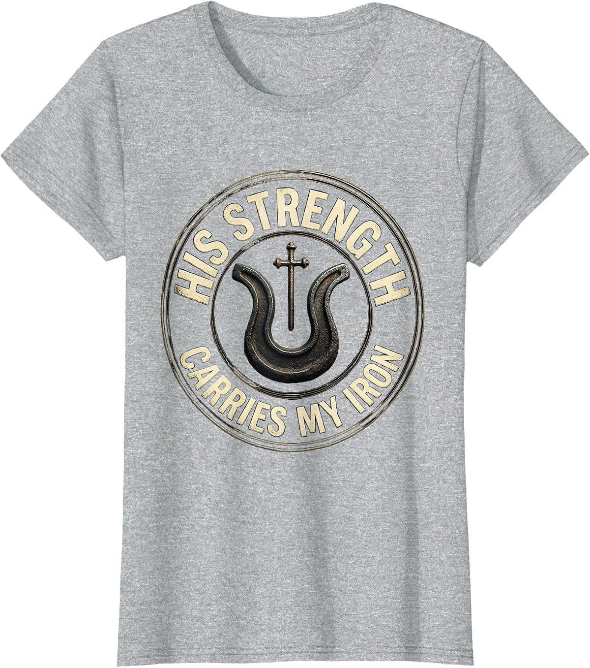 Women's His Strength Carries My Iron Faith-Based Gym Christian T-Shirt - Heather Grey