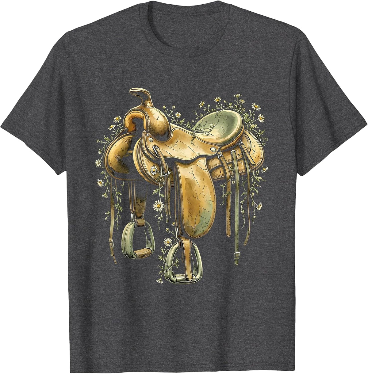 Western Saddle Wildflower Vines Floral Boho Design T-Shirt - Dark Heather Grey