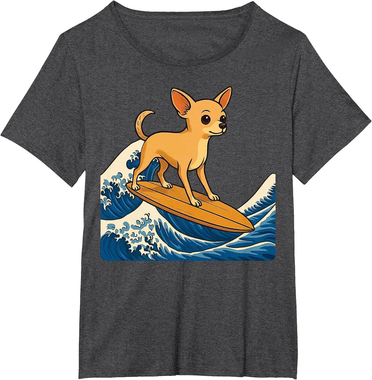 Chihuahua Surfing Japanese Wave T-Shirt - Dark Heather Grey