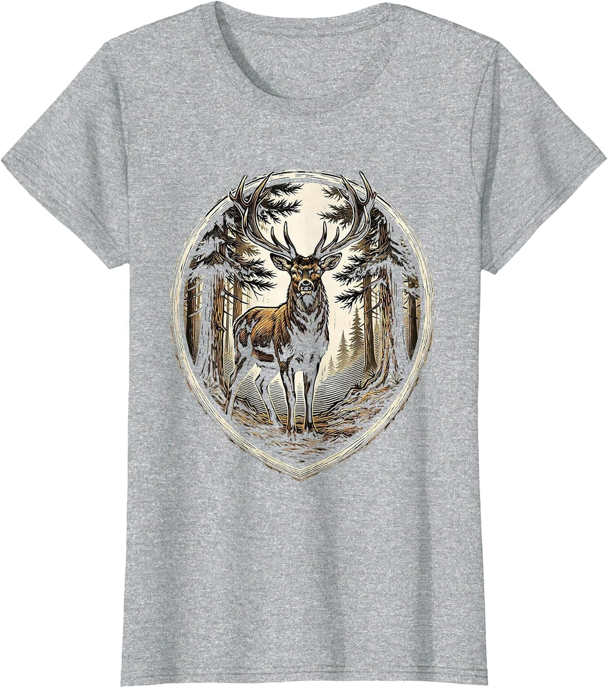 Women's Buck Deer Silhouette Misty Forest Hunting Design T-Shirt - Heather Grey