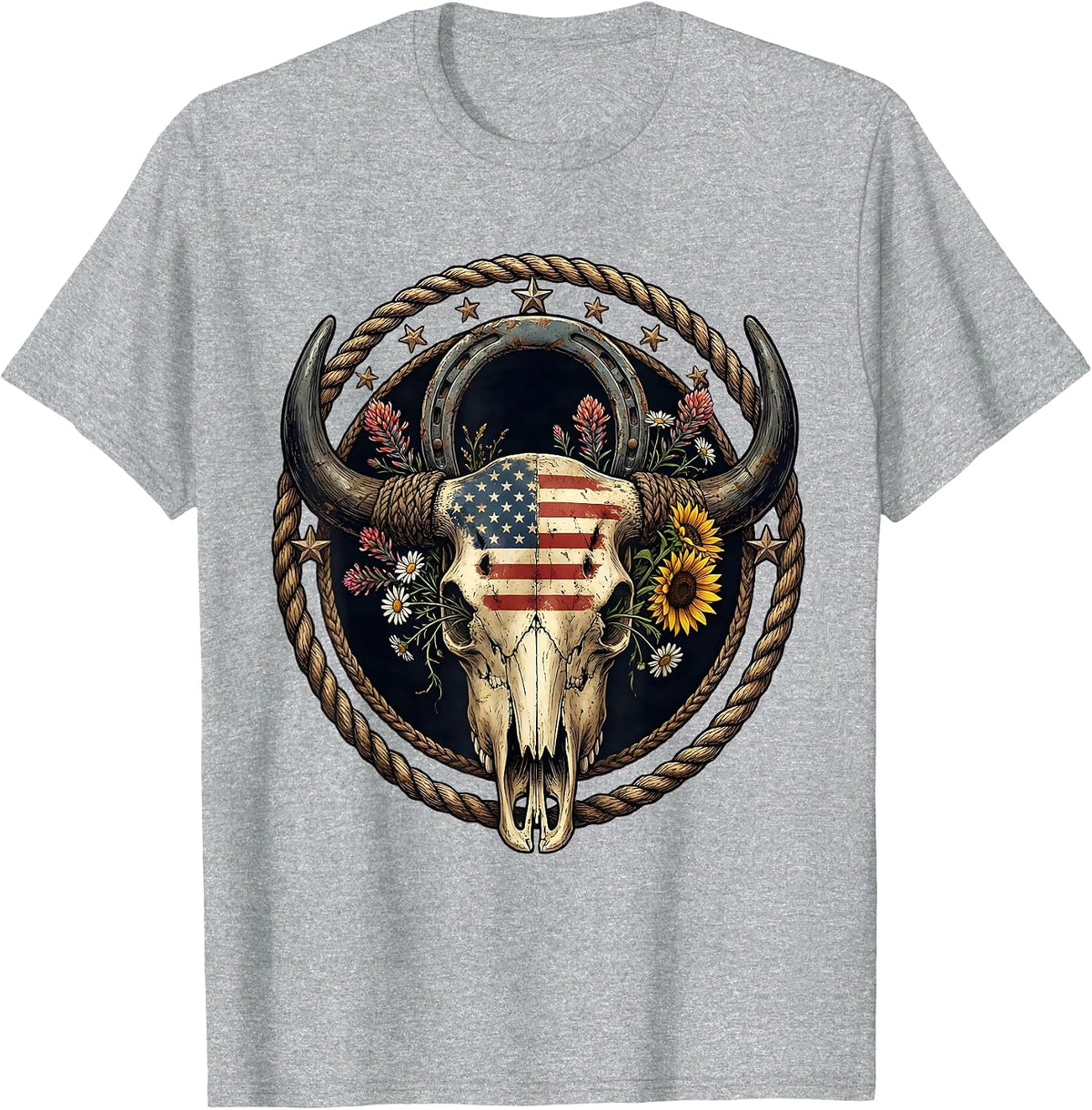 Men's Buffalo Skull Wildflowers Western Boho USA Design T-Shirt - Heather Grey