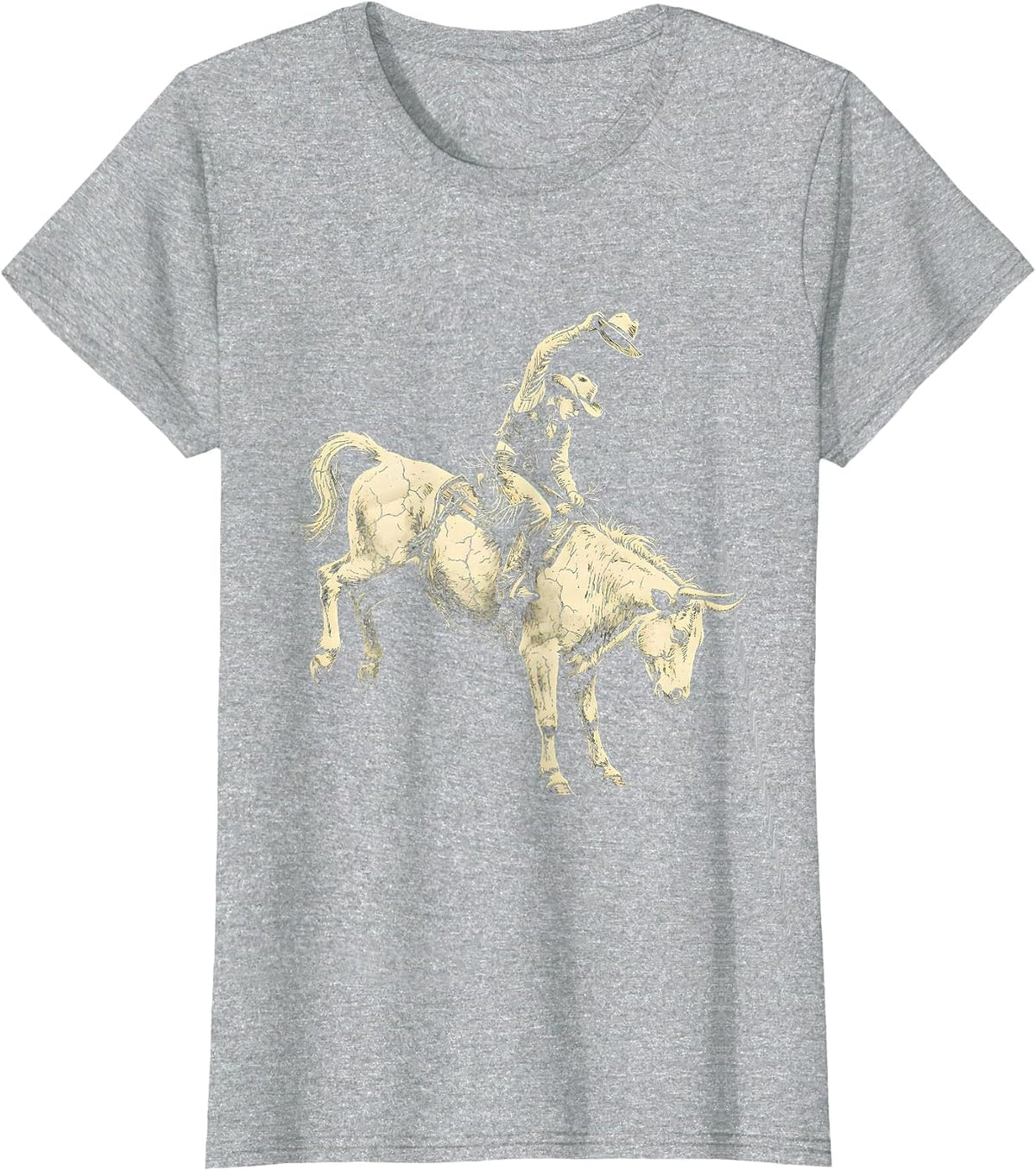White Cowgirl Riding Bucking Bronco Rodeo Art T-Shirt - Heather Grey
