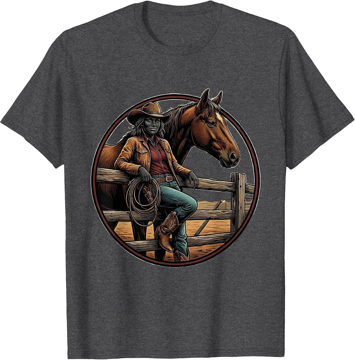 Men's Black Cowgirl Rodeo Badge Western Pride Illustration T-Shirt - Dark Heather Grey