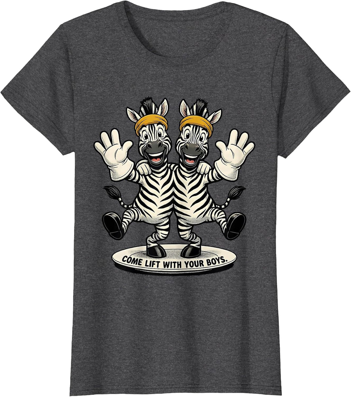 Women's Come Lift With Your Boys Retro Cartoon Zebra Duo Gym Humor T-Shirt - Dark Heather Grey