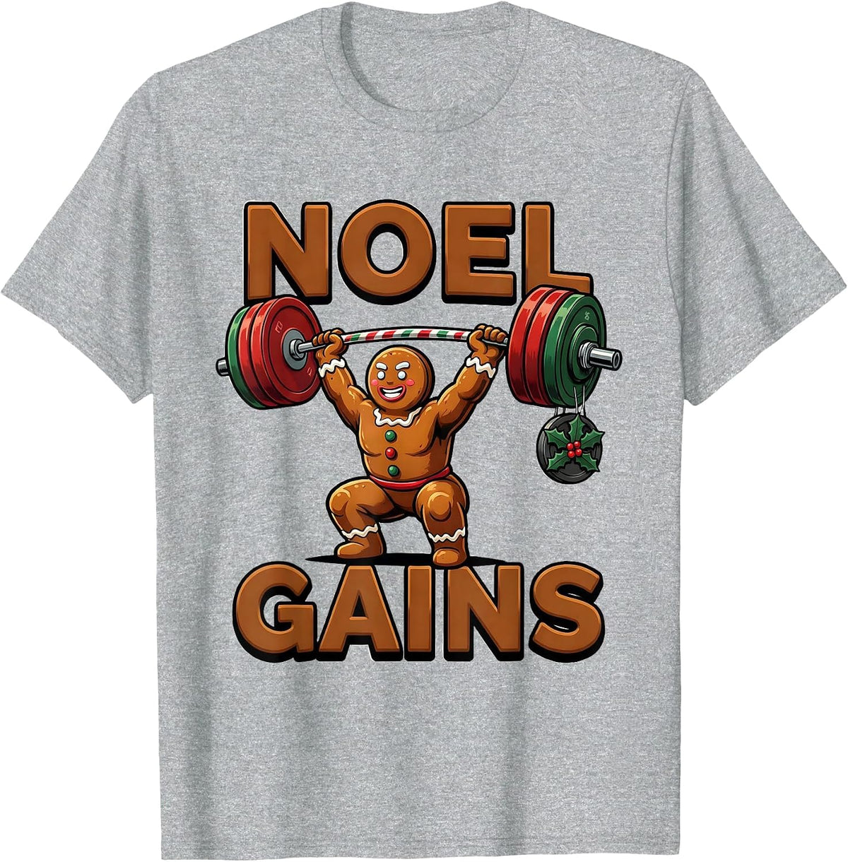 Men's Noel Gains Funny Gingerbread Man Gym Weightlifting Christmas T-Shirt - Heather Grey
