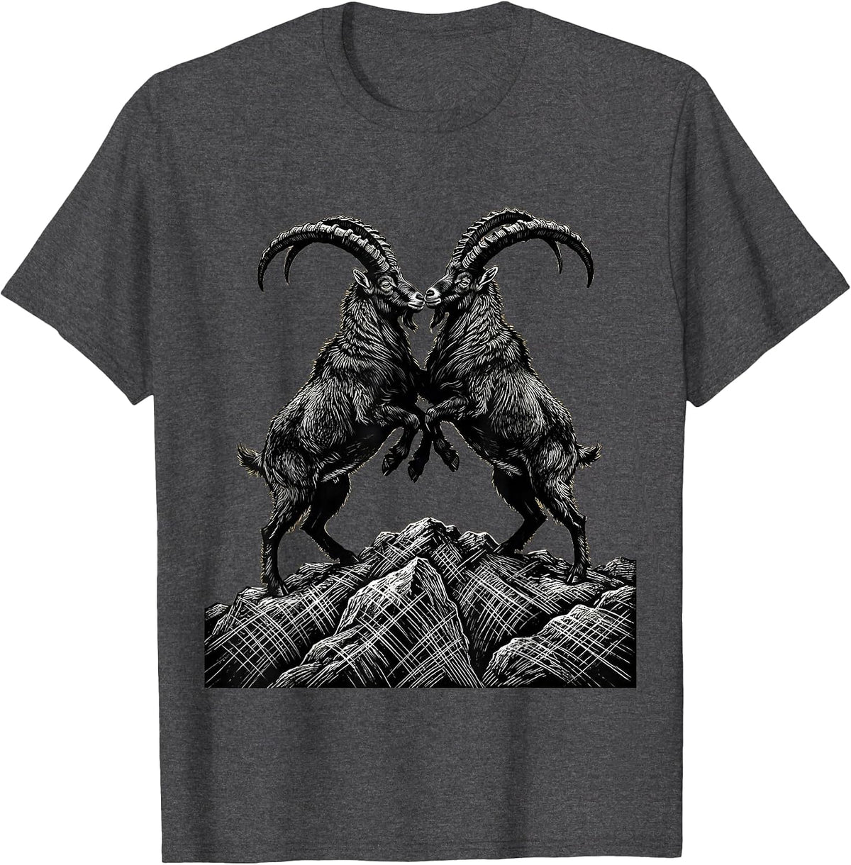 Men's Two Goats Locking Horns on a Hilltop Graphic T-Shirt - Dark Heather Grey