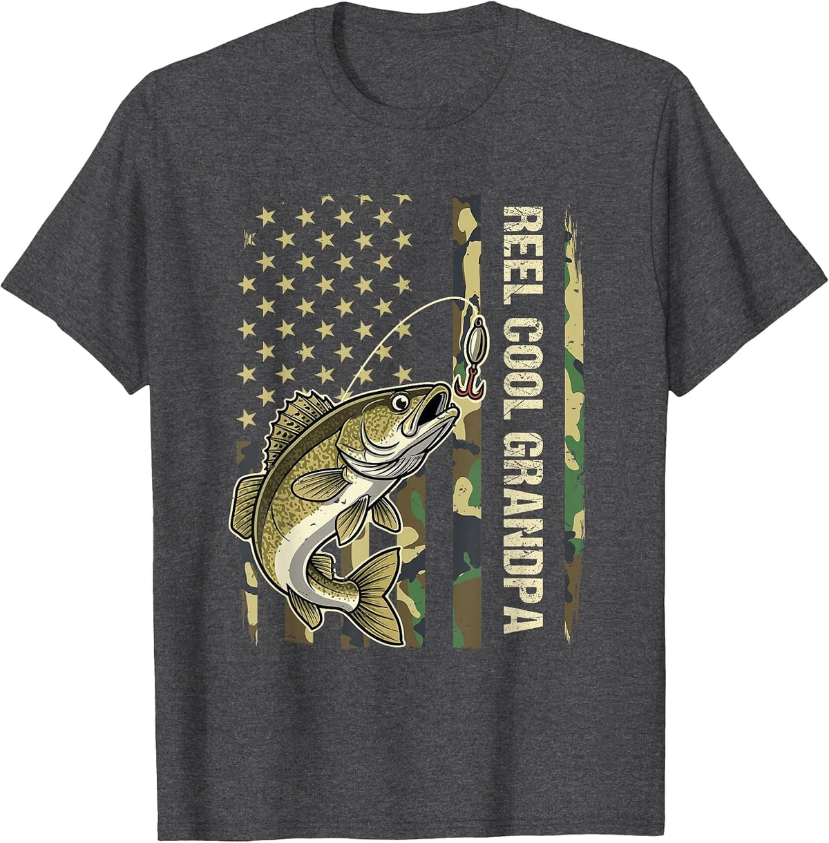 Reel Cool Grandpa Walleye Fishing Camo American Flag T-Shirt - Dark Heather Grey