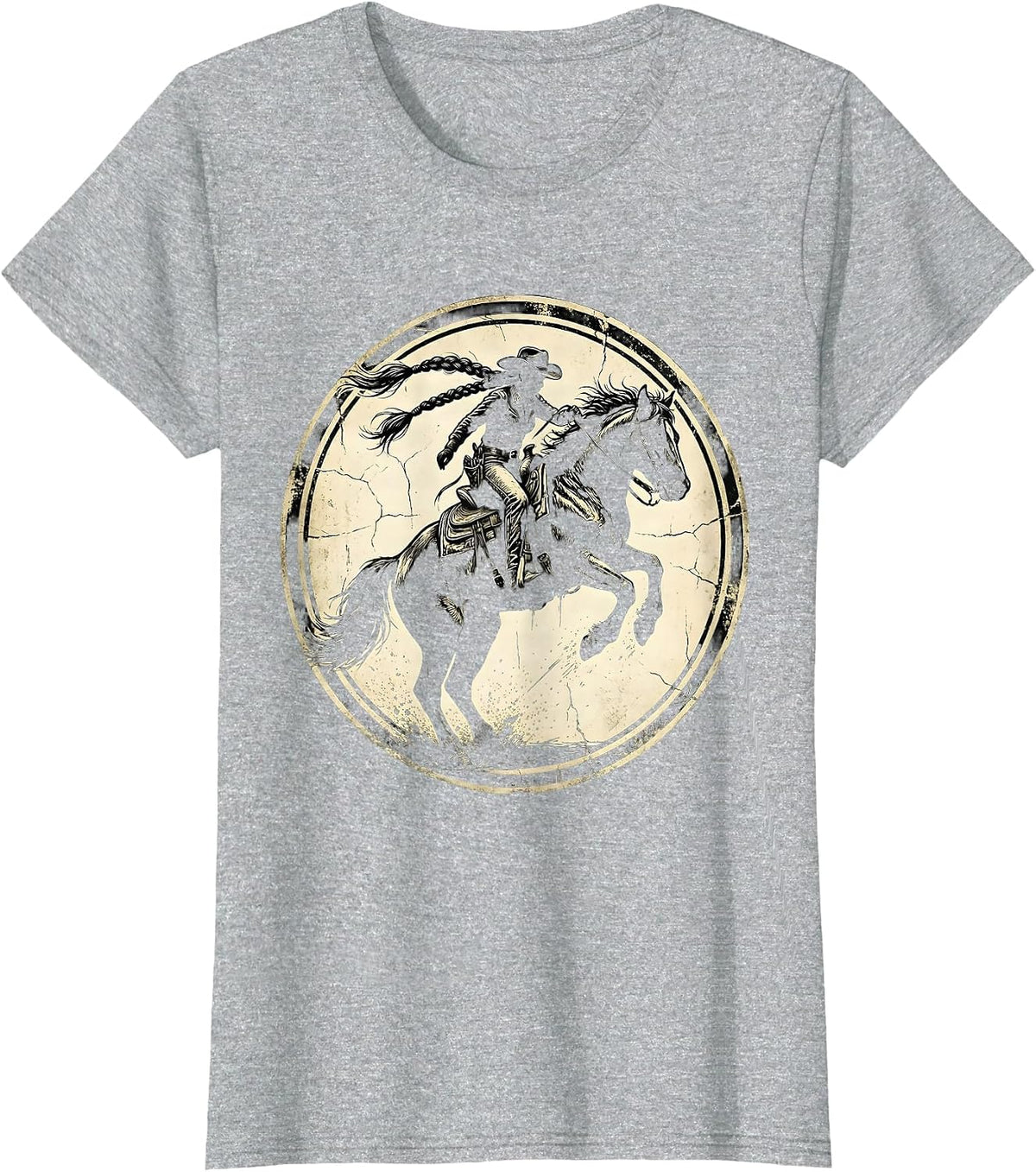 Denim Cowgirl Braids Bucking Bronco Rodeo Art T-Shirt - Heather Grey