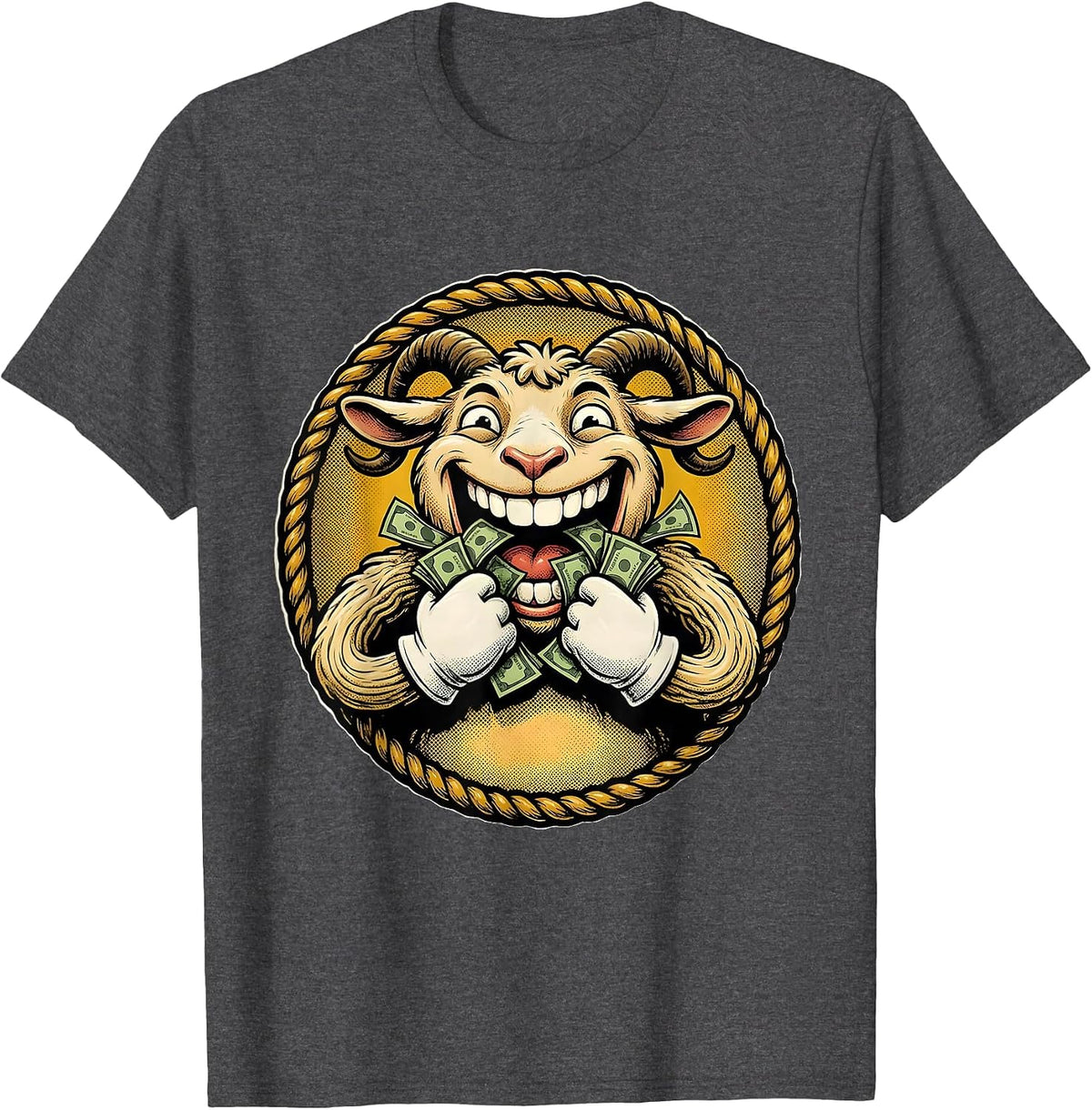 Men's Funny Goat Eating Dollar Bills Illustration T-Shirt - Dark Heather Grey
