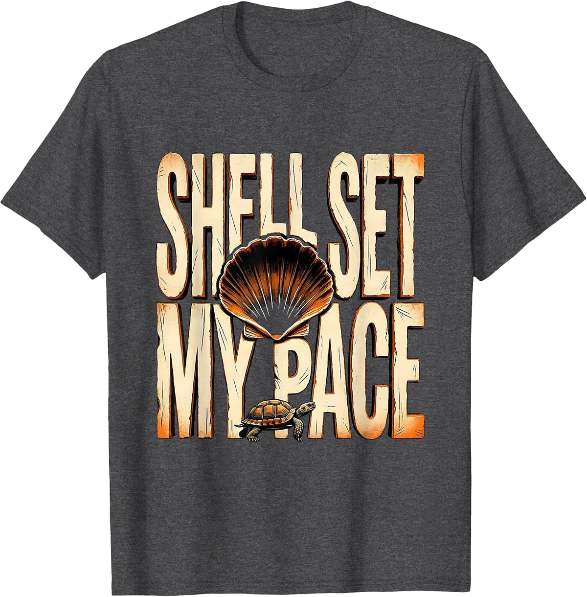 Men's Shell Set My Pace Linocut Turtle Lover Funny Casual Humor T-Shirt - Dark Heather Grey