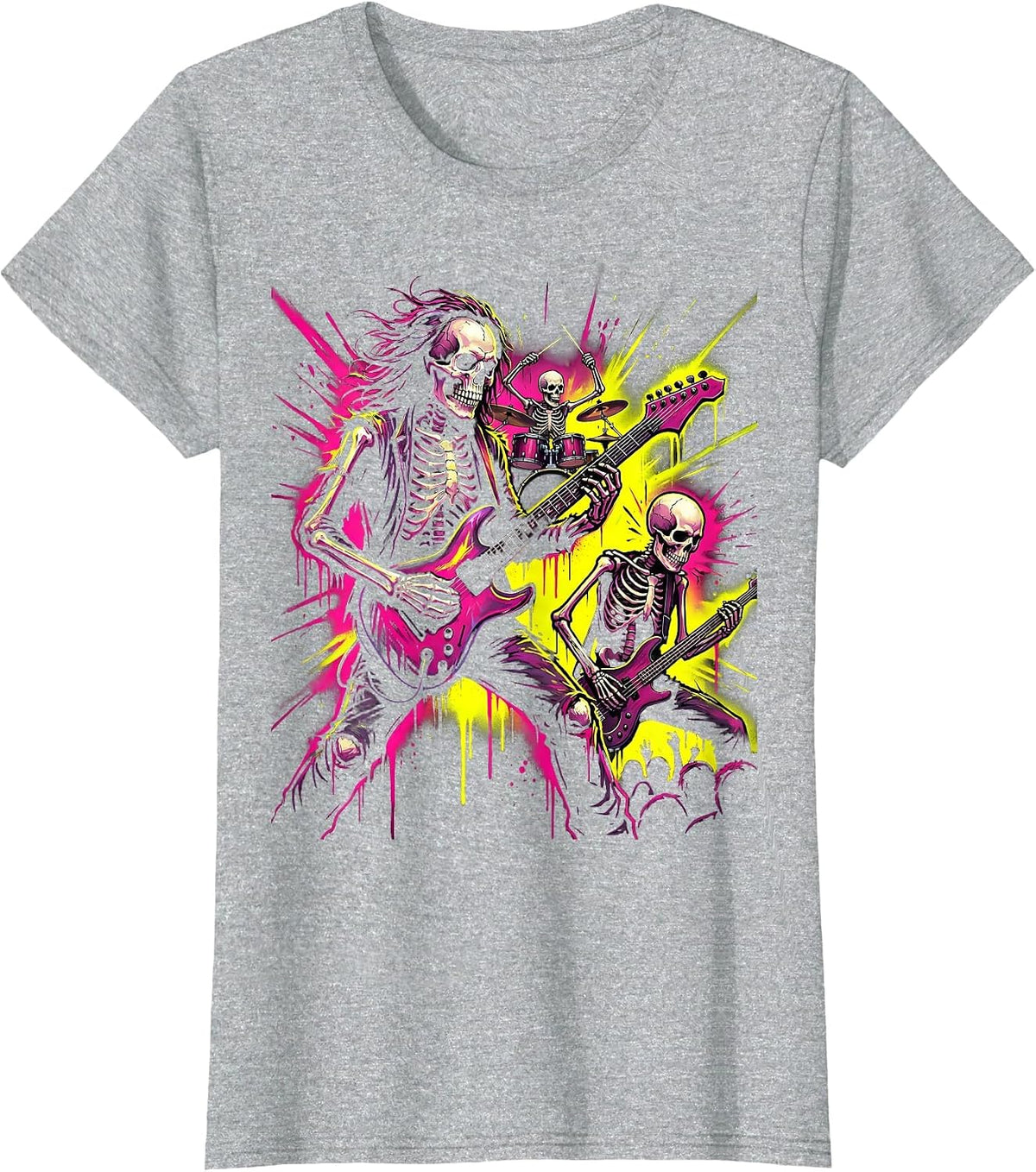 Skeletal Rock Band On Stage Graphic T-Shirt - Heather Grey