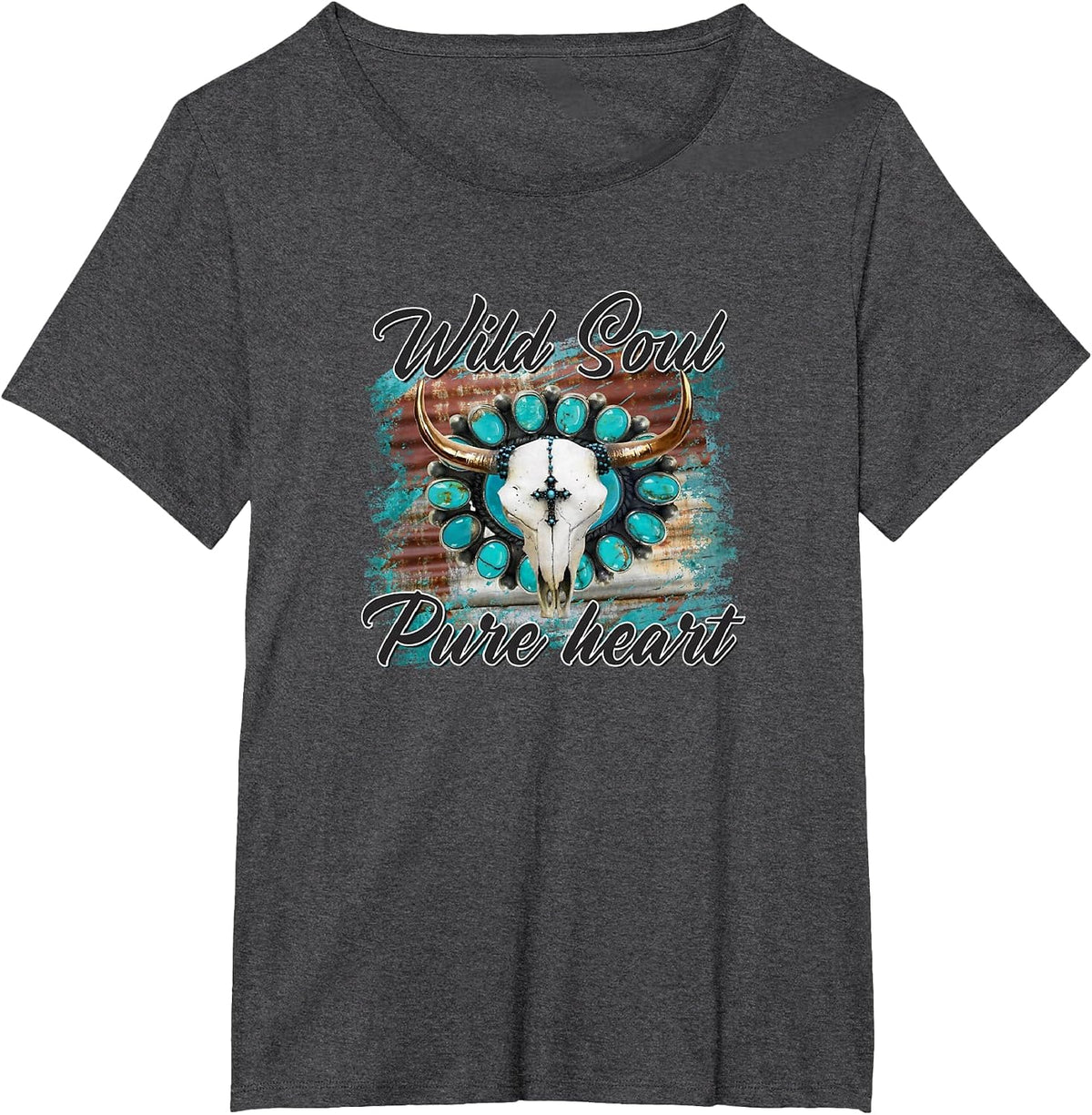 Turquoise Wild Soul Pure Heart Country Rodeo Cowgirl Western T-Shirt - Dark Heather Grey