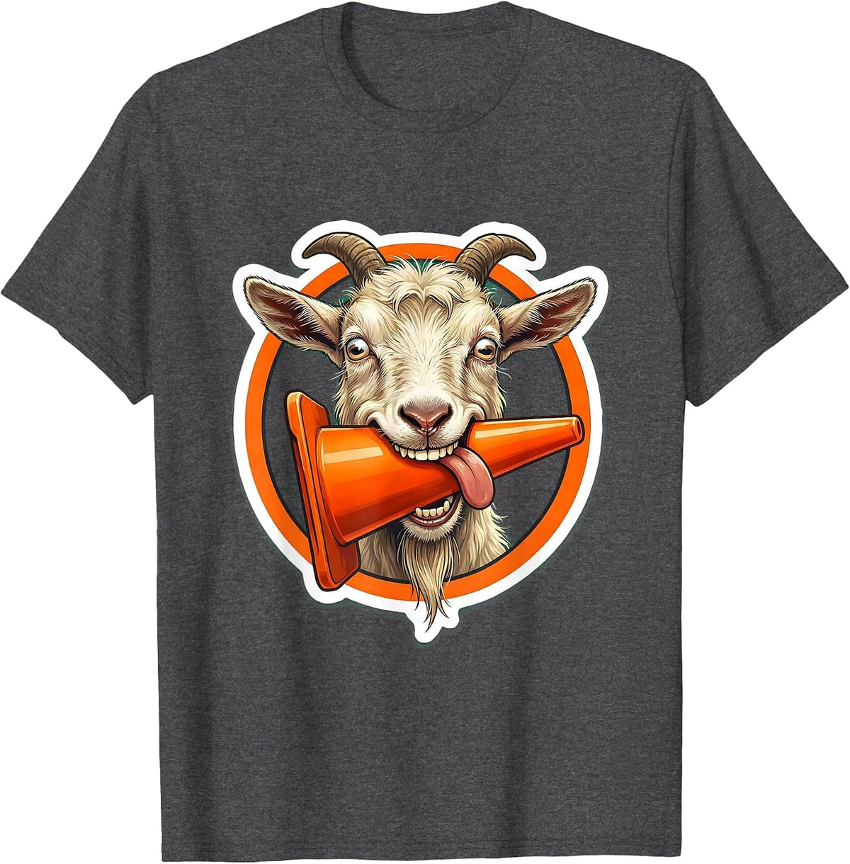 Men's Derpy Goat Eating a Traffic Cone Funny Illustration T-Shirt - Dark Heather Grey