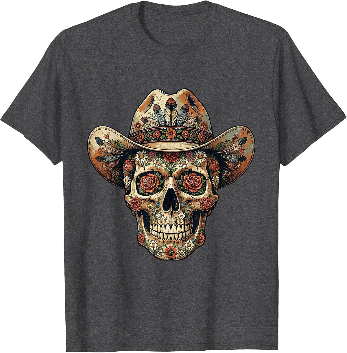Floral Skull Wide Brim Hat Western Graphic Design T-Shirt - Dark Heather Grey