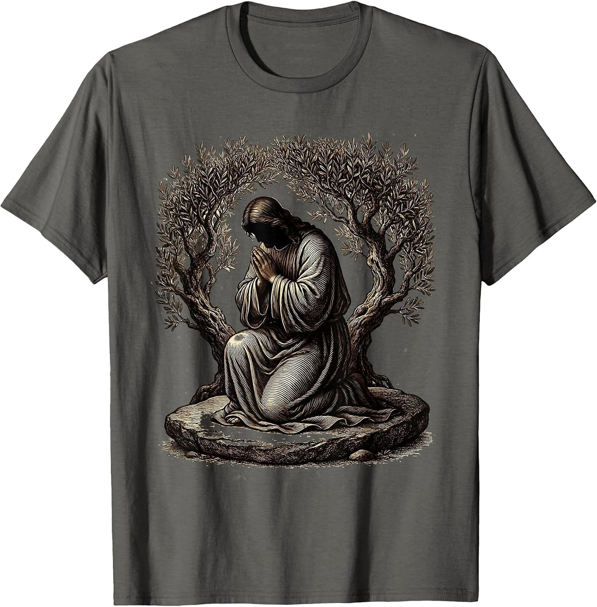 Jesus Kneeling in Prayer at Gethsemane Graphic T-Shirt - Asphalt Grey