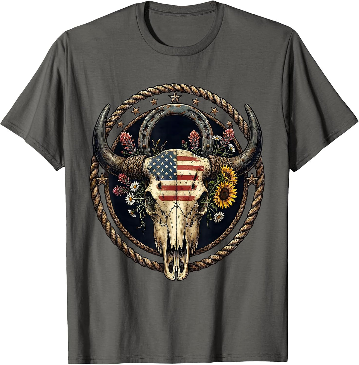 Men's Buffalo Skull Wildflowers Western Boho USA Design T-Shirt - Asphalt Grey