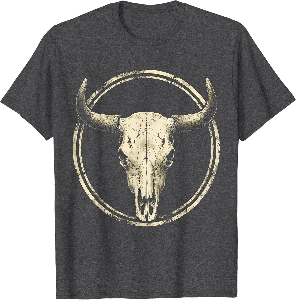 Men's Cow Skull Wildflowers Boho Western Floral Art T-Shirt - Dark Heather Grey