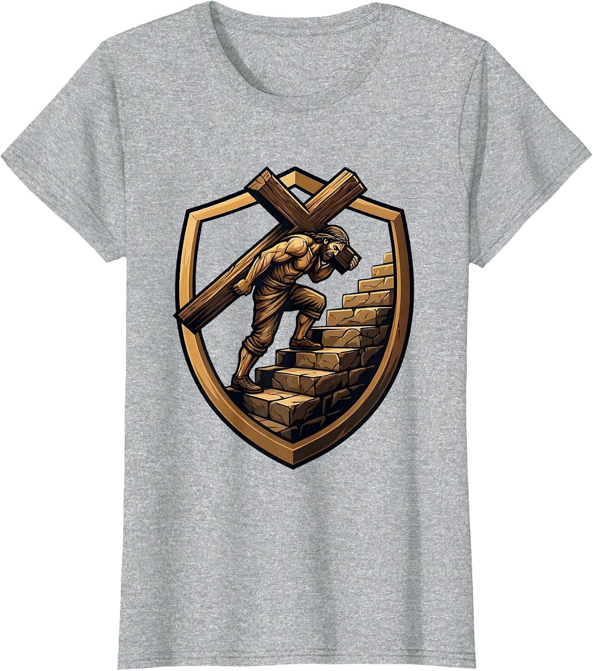 Carrying the Cross Up Stone Steps Christian Design T-Shirt - Heather Grey