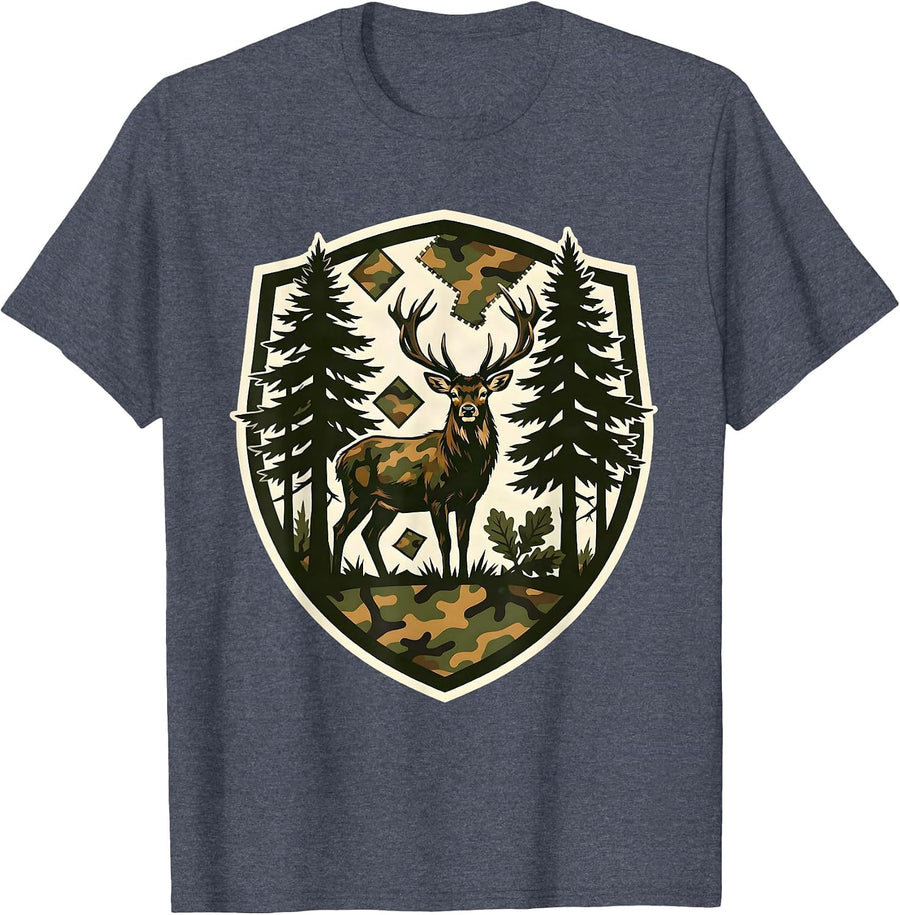 Boys Camo Deer in the Trees Hunting Graphic T-Shirt - Heather Blue