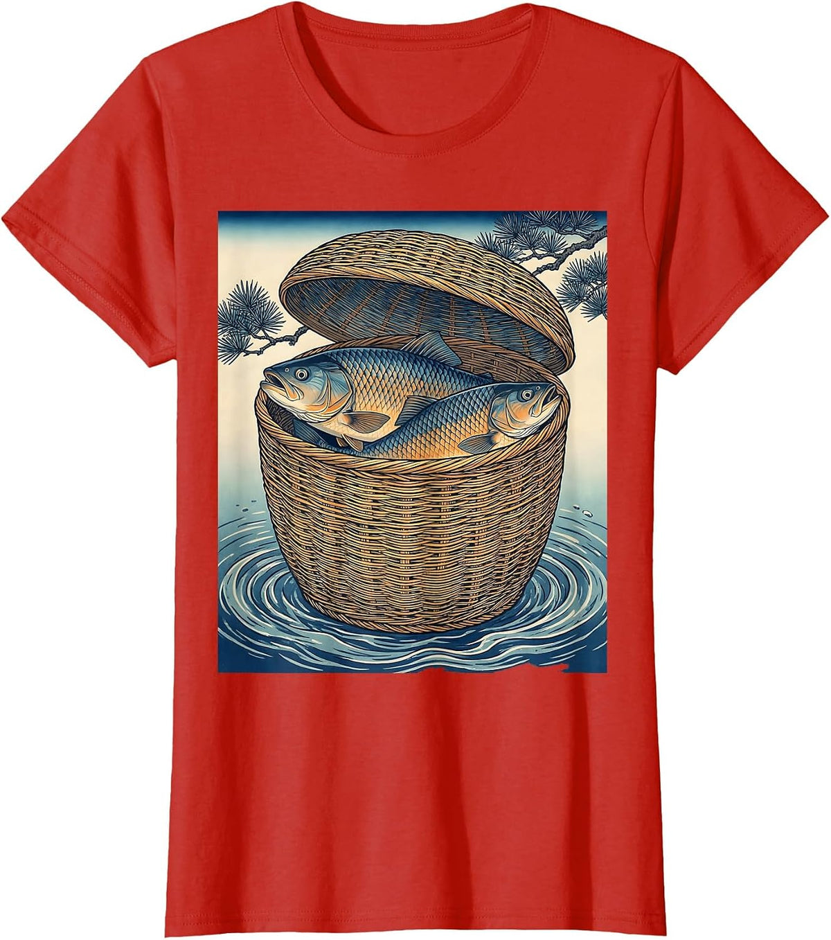 Fishing Creel Basket with Trout Illustration T-Shirt - Red
