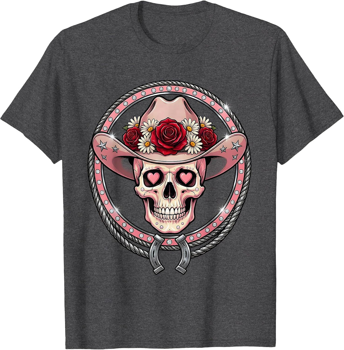 Floral Cowboy Hat Skull Western Design T-Shirt - Dark Heather Grey