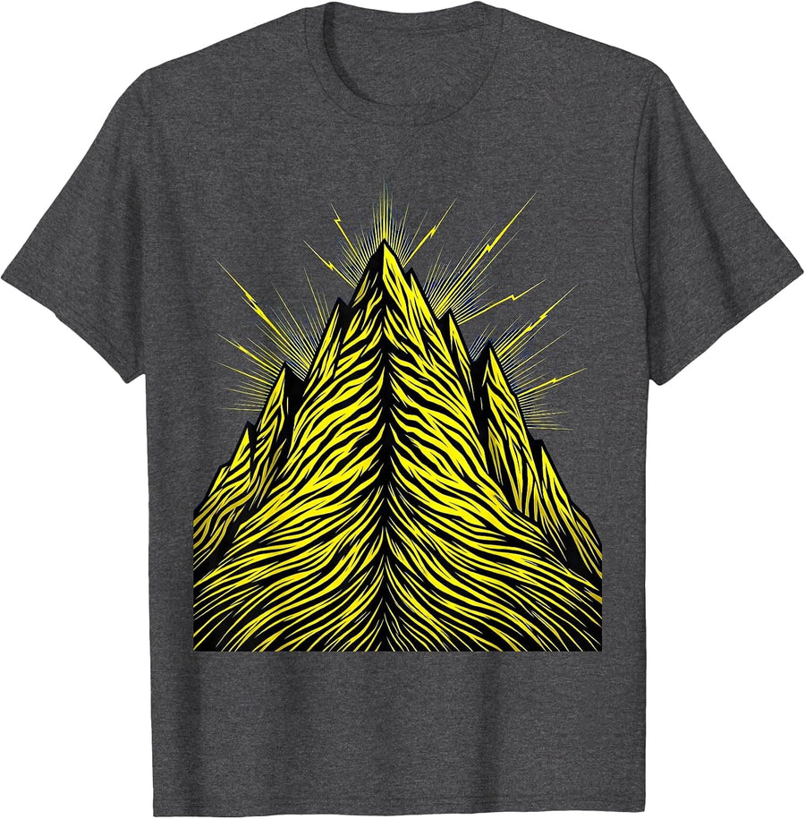 Men's Black and Yellow Lightning Storm Mountain Graphic T-Shirt - Dark Heather Grey