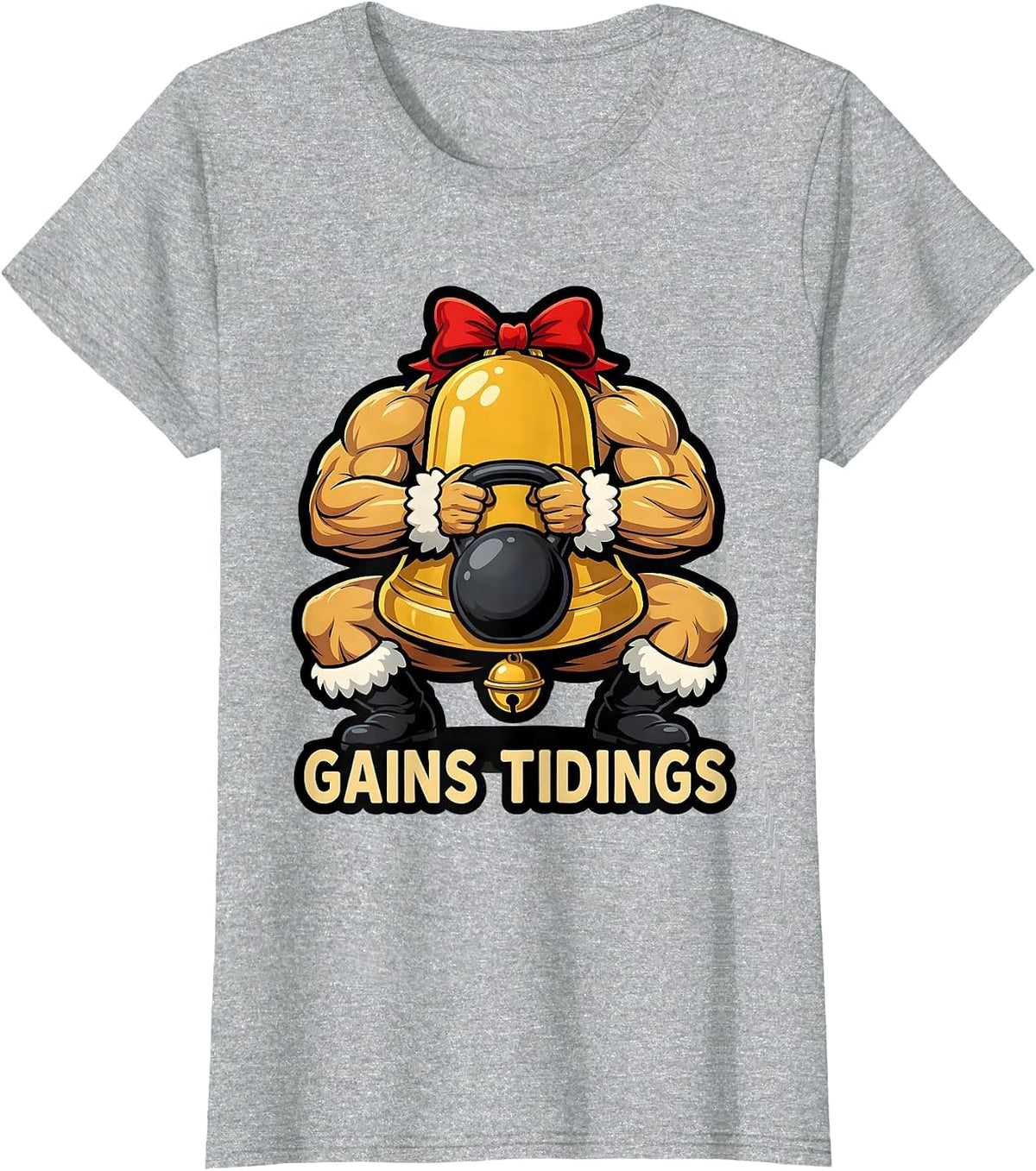 Gains Tidings Bold Cartoon Fitness Christmas Gym Workout T-Shirt - Heather Grey