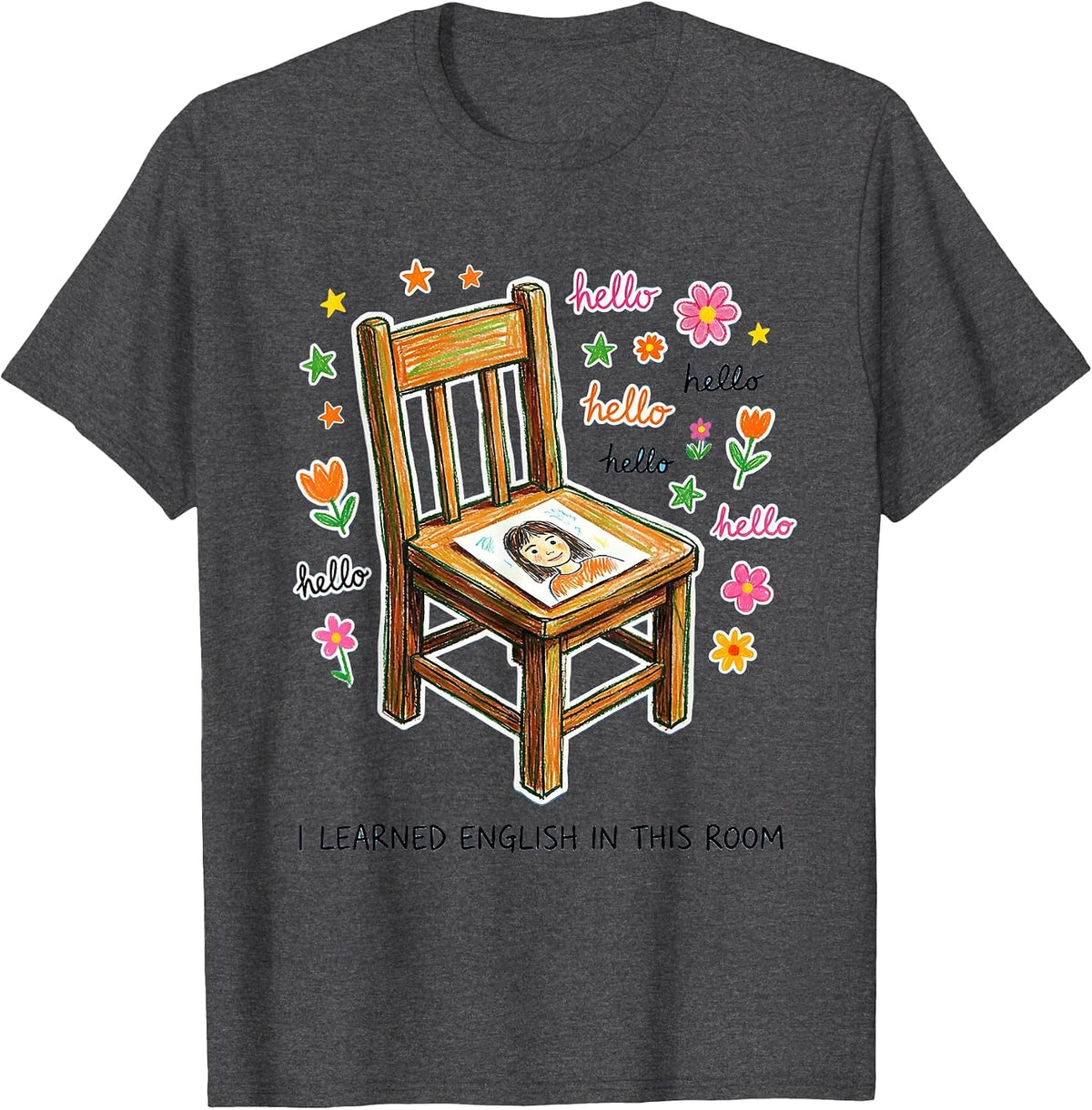 Men's I Learned English In This Room Naive Kidcore ESL English T-Shirt - Dark Heather Grey