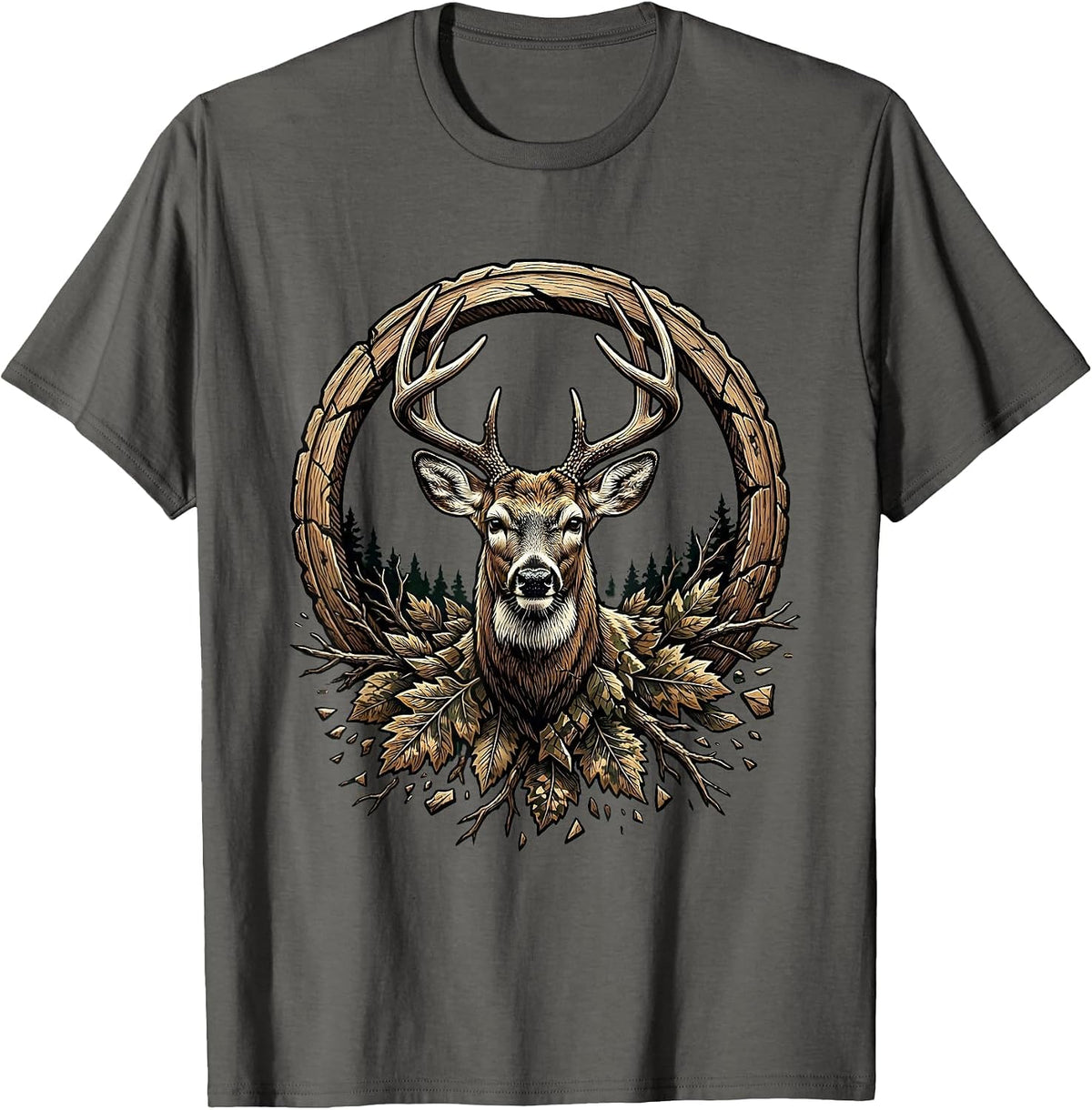 Boys Camo Deer Buck Hunting Graphic Tee T-Shirt - Asphalt Grey