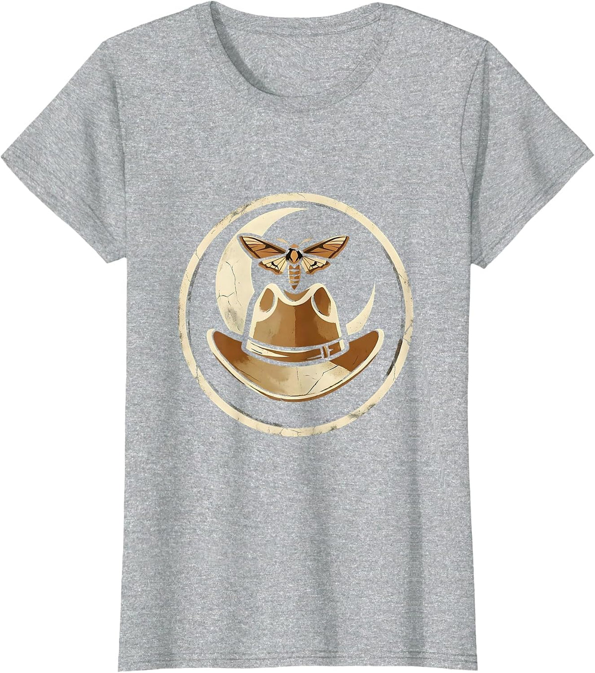 Cowgirl Hat Moth and Moon Western Graphic T-Shirt - Heather Grey