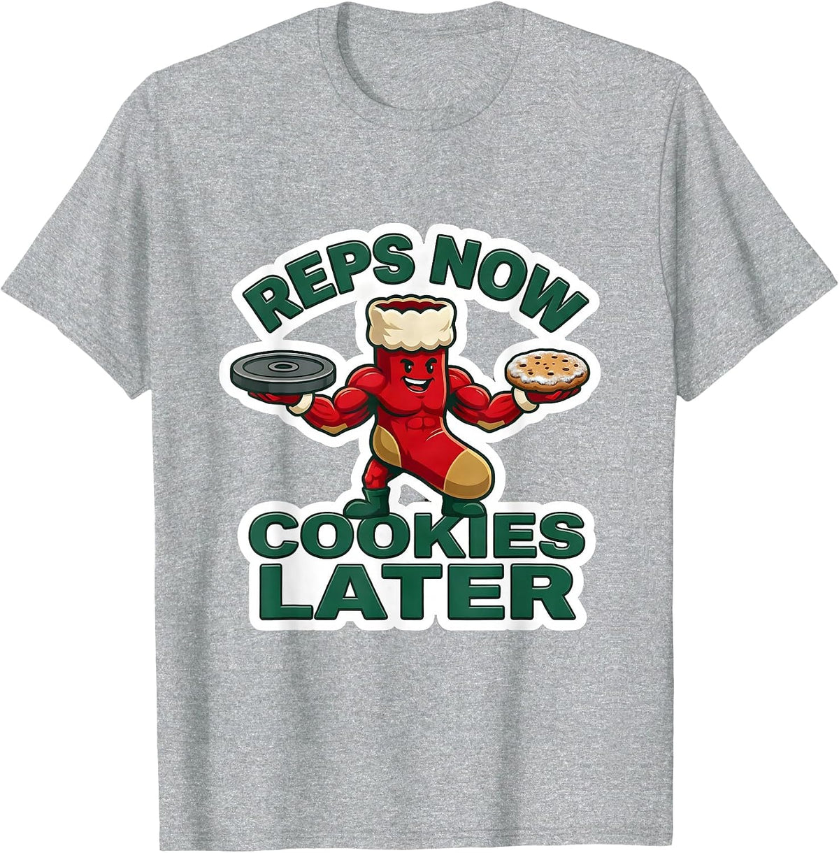 Men's Reps Now Cookies Later Funny Gym Christmas Weightlifting T-Shirt - Heather Grey
