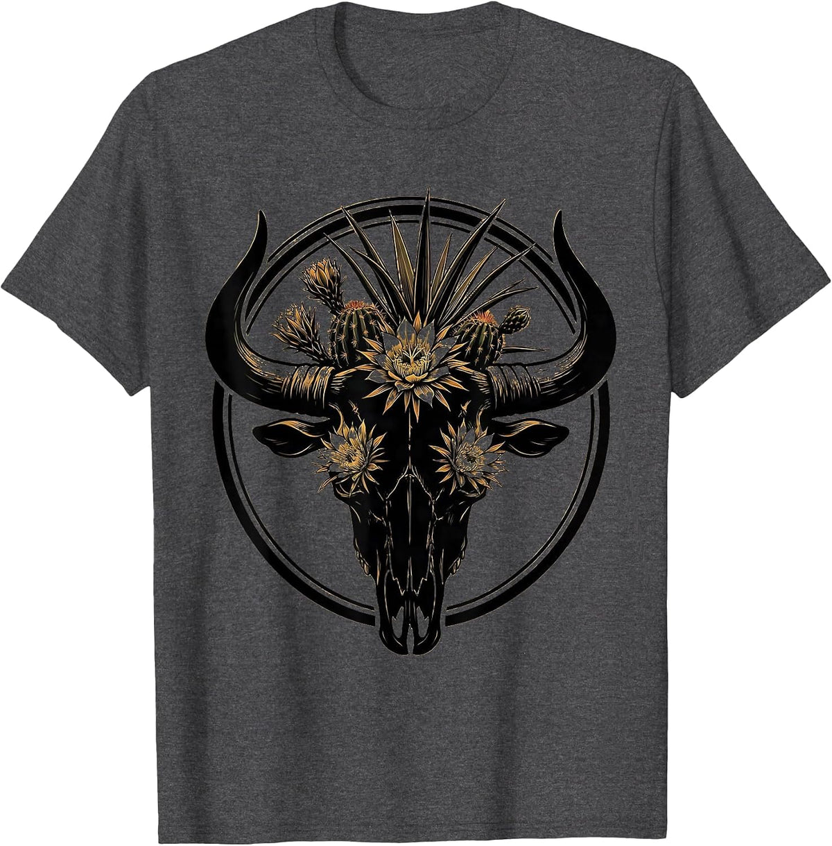 Bull Skull Desert Flowers Boho Western Graphic Tee T-Shirt - Dark Heather Grey