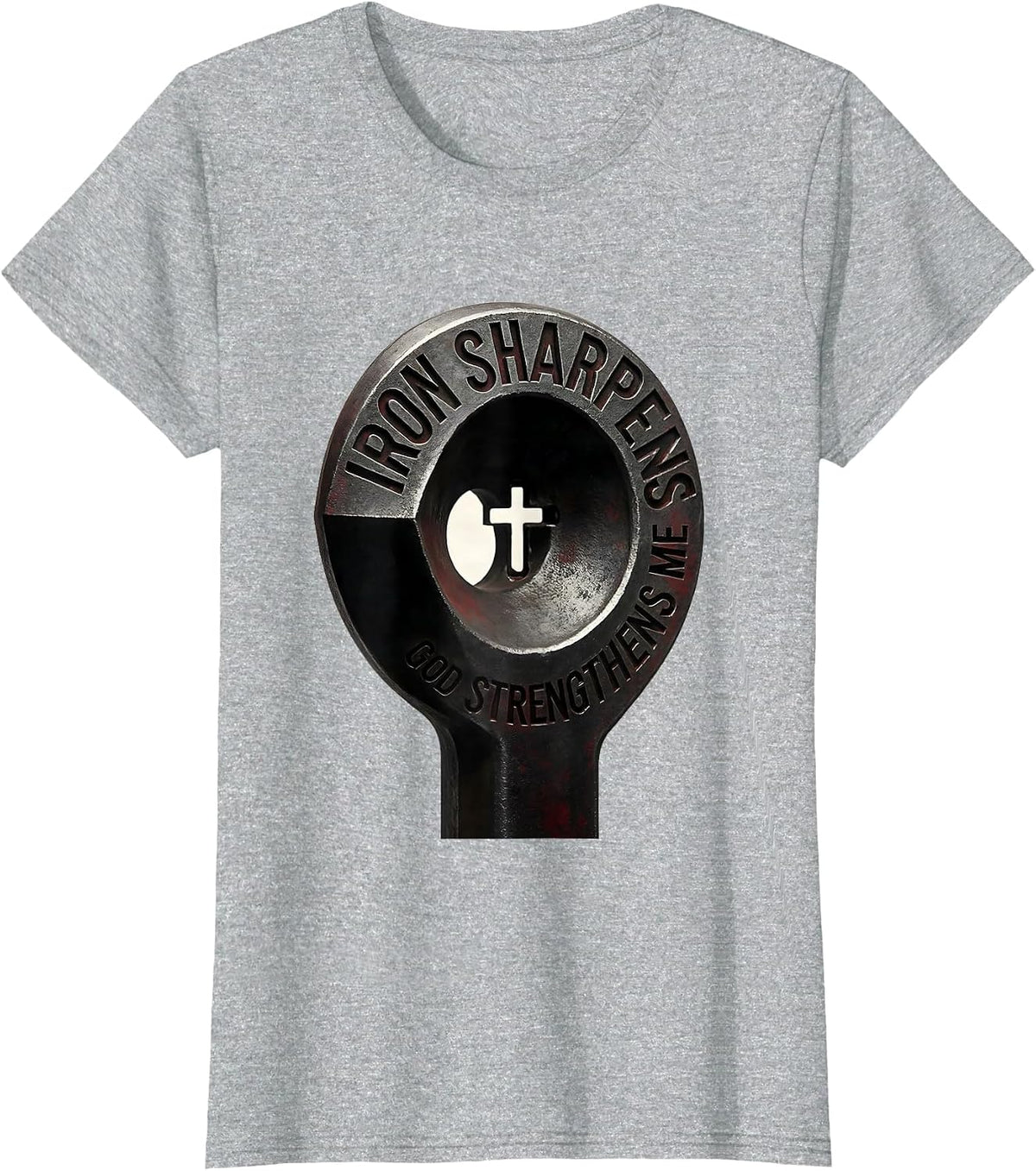 Women's Iron Sharpens God Strengthens Me Minimalist Christian Gym T-Shirt - Heather Grey