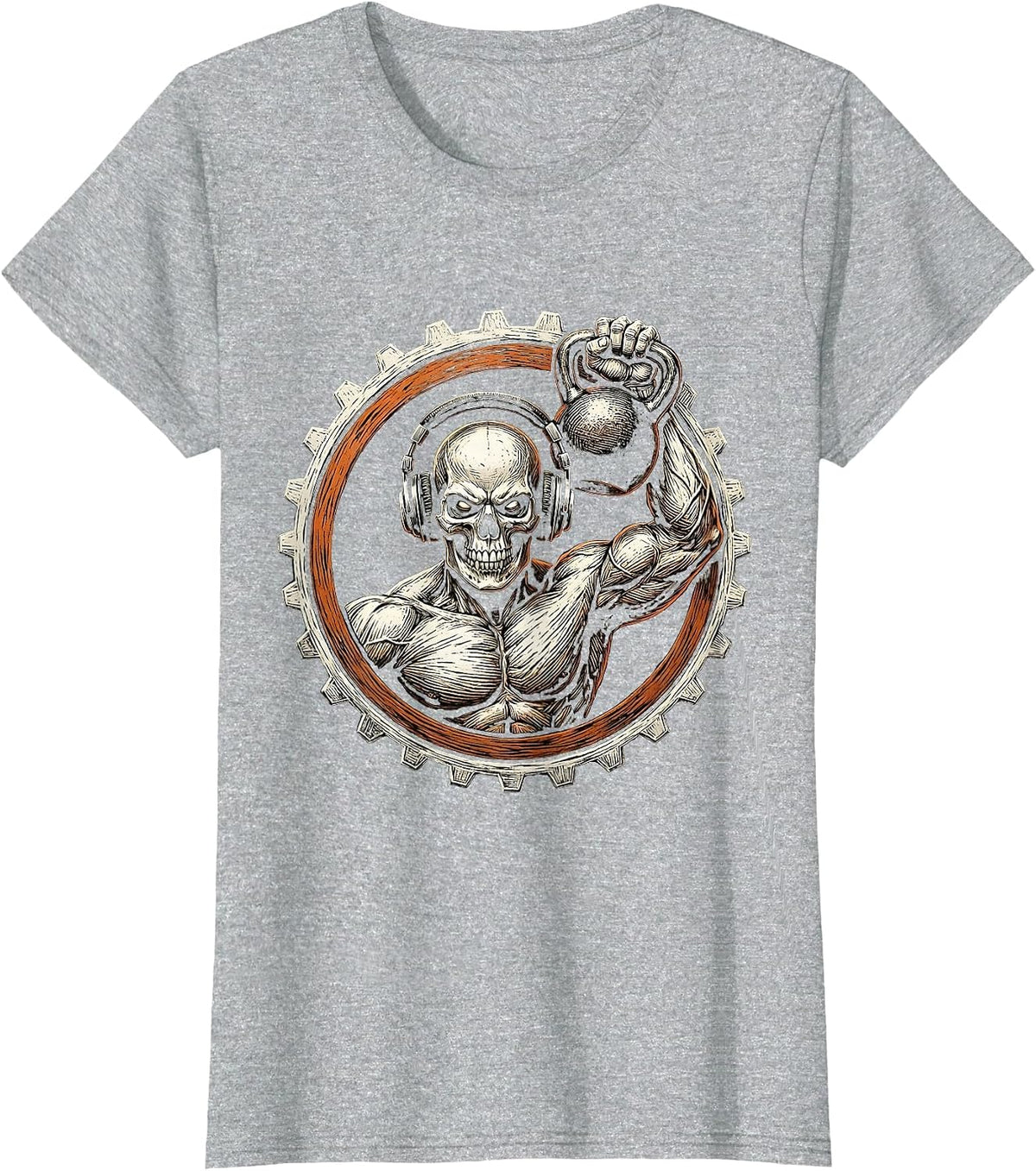 Skull Headphones Kettlebell Workout Graphic T-Shirt - Heather Grey