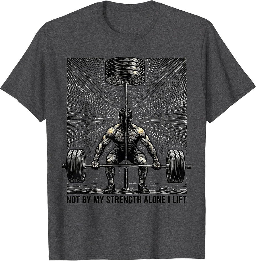 Men's Not By My Strength Alone I Lift Funny Christian Gym T-Shirt - Dark Heather Grey