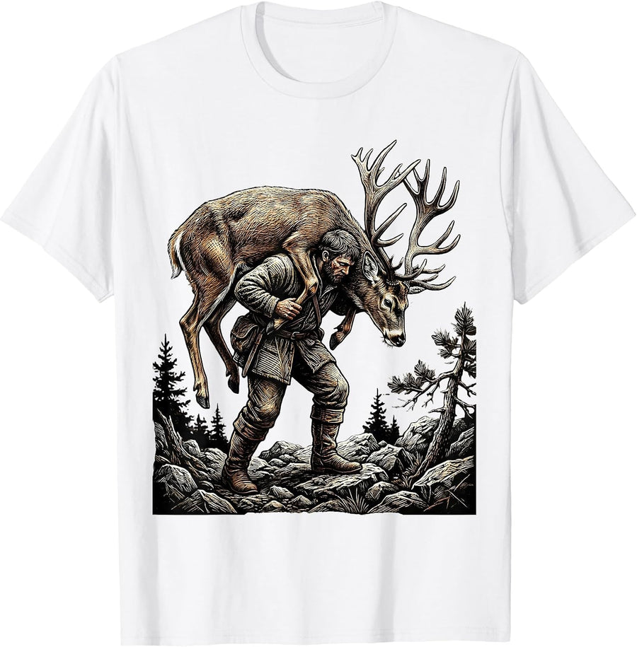 Men's Deer Carrier Rugged Terrain Hunting Illustration T-Shirt - White